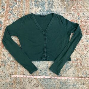 Brandy Melville Green Ribbed Long Sleeve Button Up
